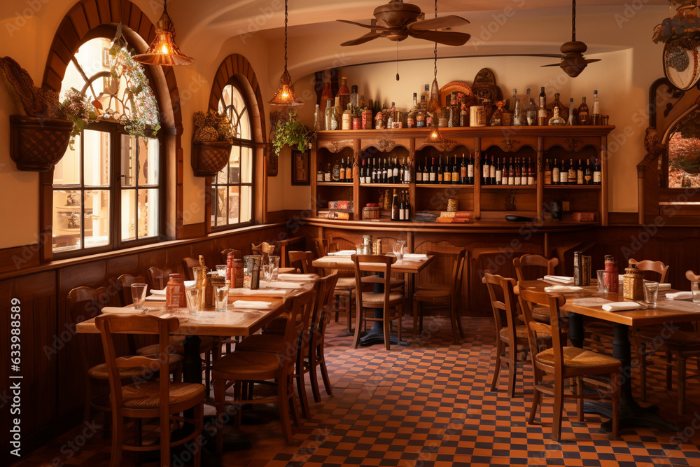 Capture the charm of an Italian trattoria with terracotta tiles, wooden wine racks, and checkered tablecloths, evoking a warm and inviting Mediterranean feel.