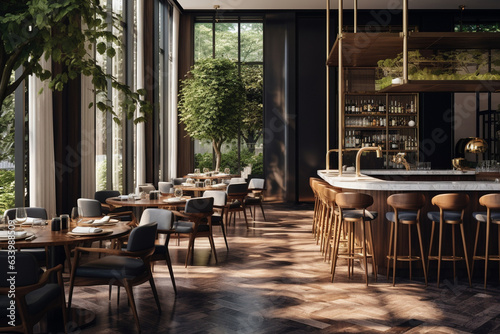 Create an upscale, modern restaurant with floor-to-ceiling windows, letting natural light bathe the space, adorned with dark wooden accents, marble tabletops, and brass fixtures." 
