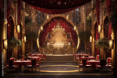Design a theatrical-themed restaurant with dramatic curtains, ornate gold details, and a stage for live performances, providing guests with dinner and a show." 