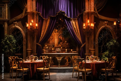 Design a theatrical-themed restaurant with dramatic curtains, ornate gold details, and a stage for live performances, providing guests with dinner and a show." 