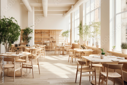 Create a minimalistic  Scandinavian-style restaurant  utilizing light-colored wooden furniture  white walls  and natural greenery  exuding simplicity and serenity.  