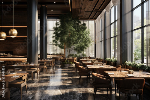 Create an upscale, modern restaurant with floor-to-ceiling windows, letting natural light bathe the space, adorned with dark wooden accents, marble tabletops, and brass fixtures." 