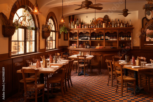 Capture the charm of an Italian trattoria with terracotta tiles, wooden wine racks, and checkered tablecloths, evoking a warm and inviting Mediterranean feel." 