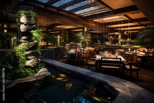 Capture the tranquility of a Zen-inspired restaurant, featuring natural stone elements, bamboo dividers, and a serene indoor koi pond, fostering harmony and relaxation." 