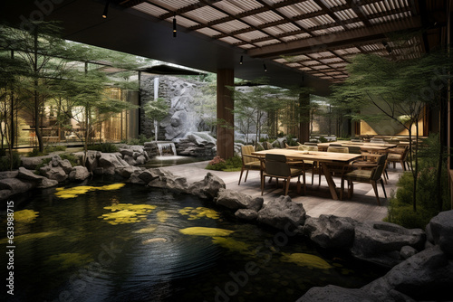 Capture the tranquility of a Zen-inspired restaurant  featuring natural stone elements  bamboo dividers  and a serene indoor koi pond  fostering harmony and relaxation.  