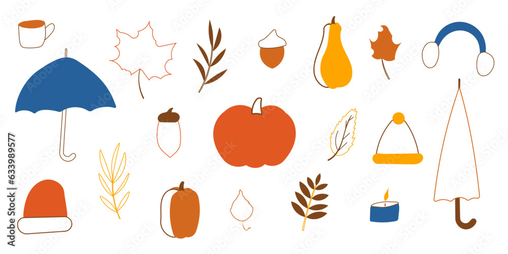 autumn pumpkin mushroom leaves set elements line autumn pumpkin mushroom leaves set elements line