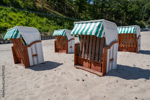 Beach chairs at the Baltic Sea . Pier of Sellin at Ruegen Island, Germany. photo