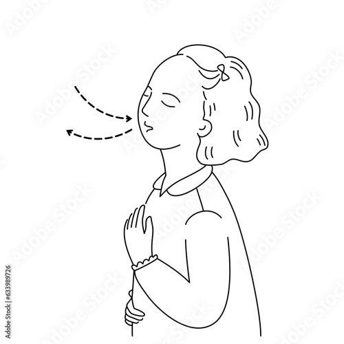 Relaxed child girl breathing exercise for manage her stress and depression. out line cartoon vector.
