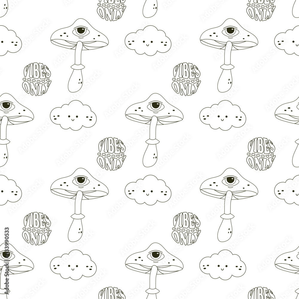 Groovy linear mushroom patter seamless. Vector illustration Groovy linear mushroom patter seamless. Vector illustration