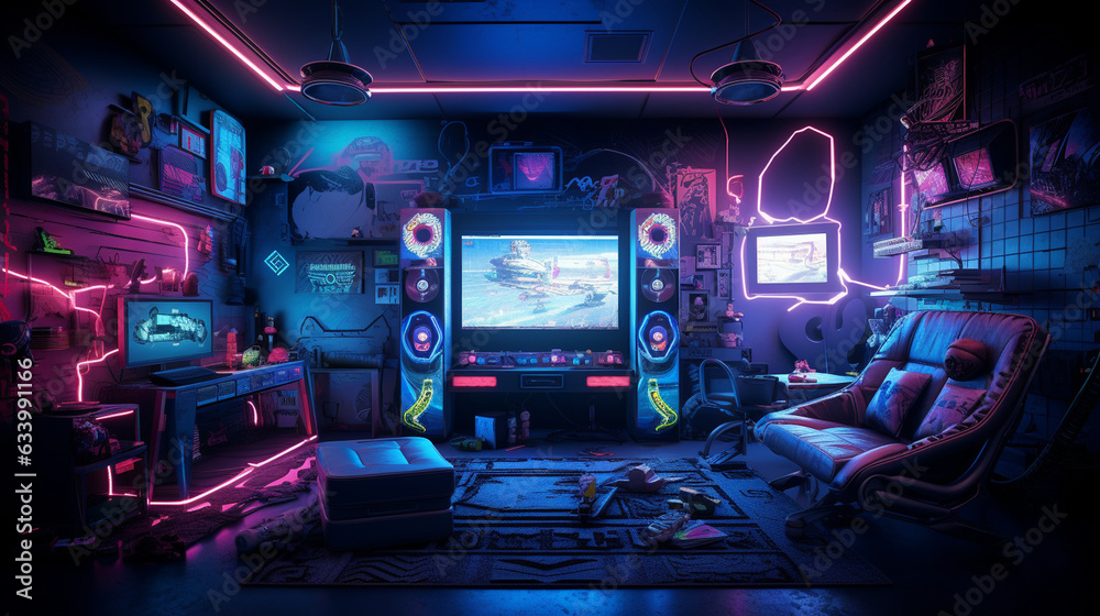 The gamer's room bathed in a neon glow, creating an atmospheric gaming ambiance The gamer's room bathed in a neon glow, creating an atmospheric gaming ambiance