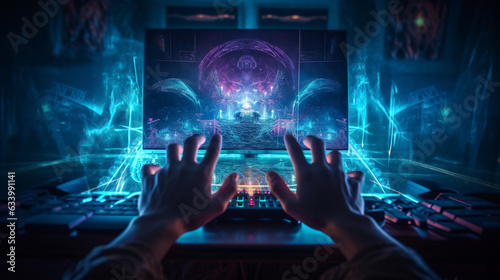 A creative shot of the gamer's hands reaching out from the screen as if entering the game 