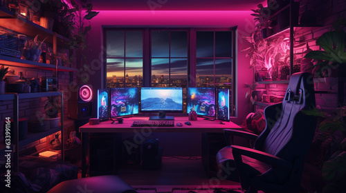 The gamer's room bathed in a neon glow, creating an atmospheric gaming ambiance  photo
