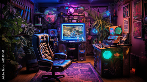 The gamer's room bathed in a neon glow, creating an atmospheric gaming ambiance 