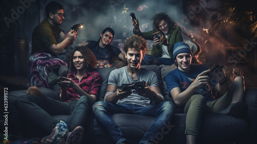 The gamer surrounded by friends, enjoying a multiplayer gaming session 