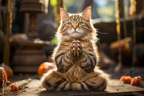 Cat sitting on the floor cross legged and making yoga