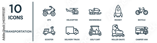 Fotografia transportation outline icon set such as thin line atv, snowmobile, bicycle, deli