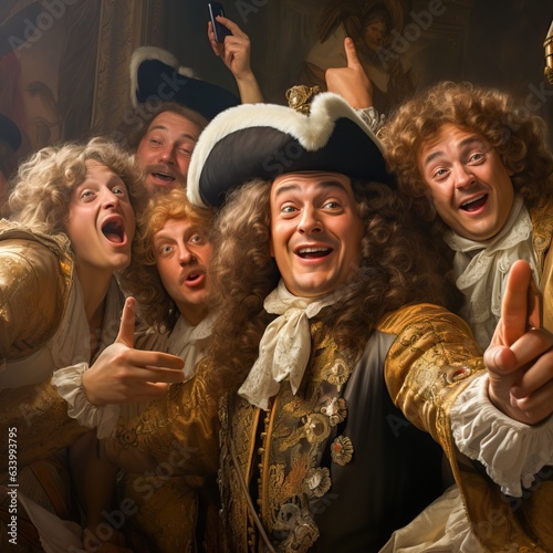 Louis XIV taking a selfie with his court, generative ai
