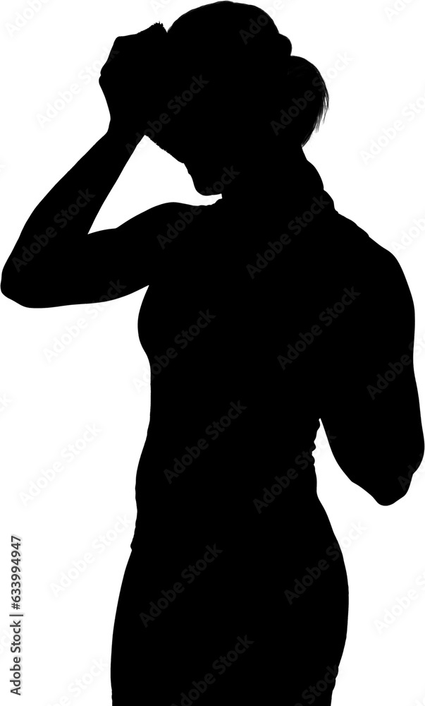 Digital png silhouette image of sad woman holding her head on transparent background