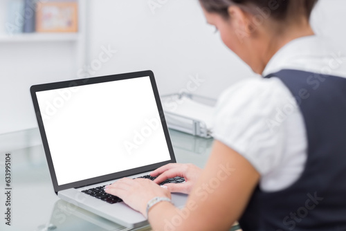 Digital png photo of caucasian businesswoman using laptop with copy space on transparent background
