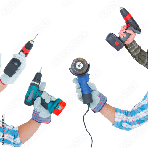 Digital png photo of hands of workers holding tools on transparent background