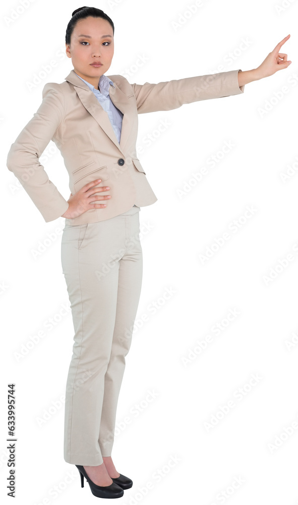 Digital png photo of asian businesswoman touching virtual screen on transparent background Digital png photo of asian businesswoman touching virtual screen on transparent background
