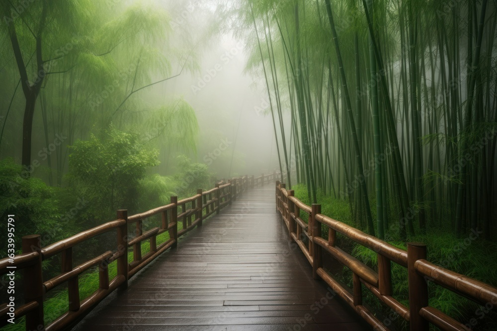 Fototapeta premium Bamboo bridge foggy natural. Generate Ai