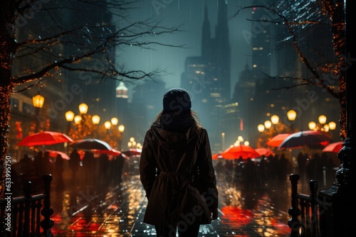 Dampened Urban Odyssey: Lower Half of Rainy Walker, Streets Glistening Under the Umbrella Generative AI