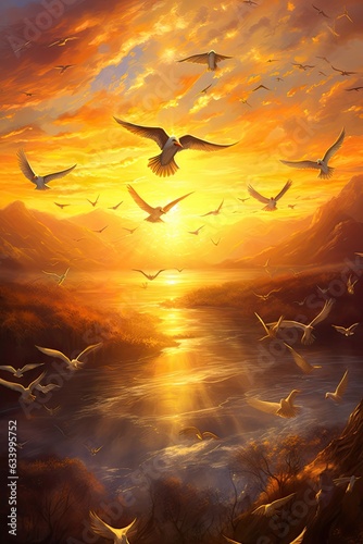 Flock of birds flutter joyfully under golden sunset.