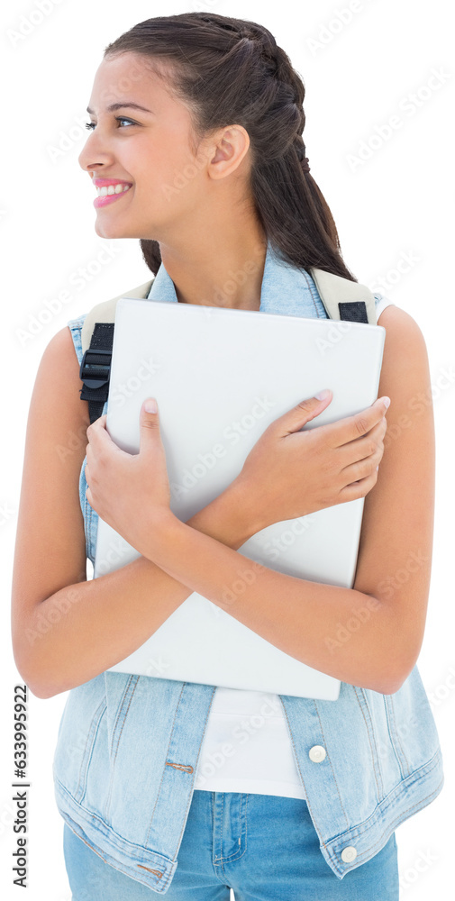 Digital png photo of biracial female student holding laptop on transparent background