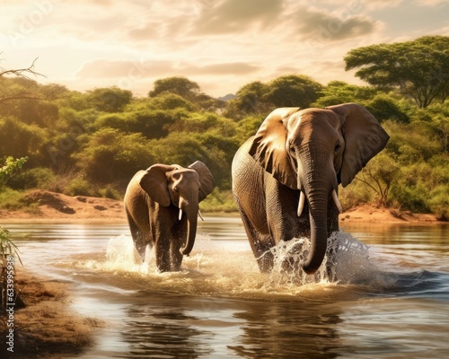 Elephants playfully splashing in a serene watering hole.