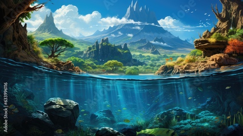 Underwater world and mountain panorama.
