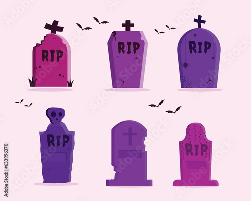 set of vector gravestones with RIP text, halloween theme, concept flat design