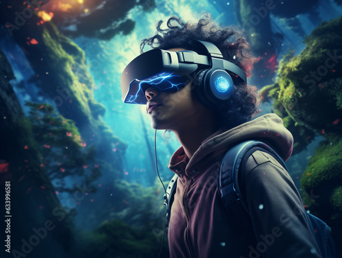 a boy in a virtual underwater world, VR