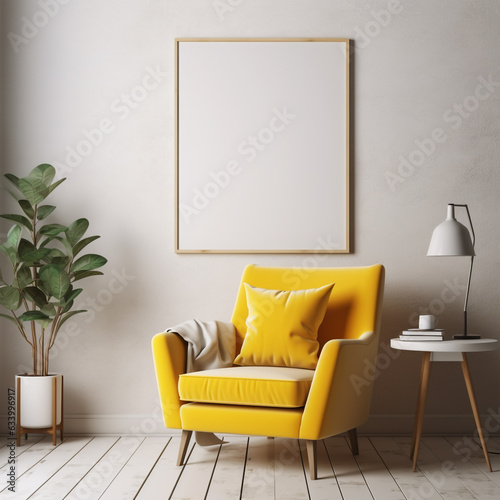 Interior of living room with yellow armchair and mock up poster frame With generate Ai