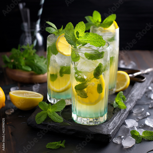 Lemonade, mojito cocktail with lemon and mint With generate Ai
