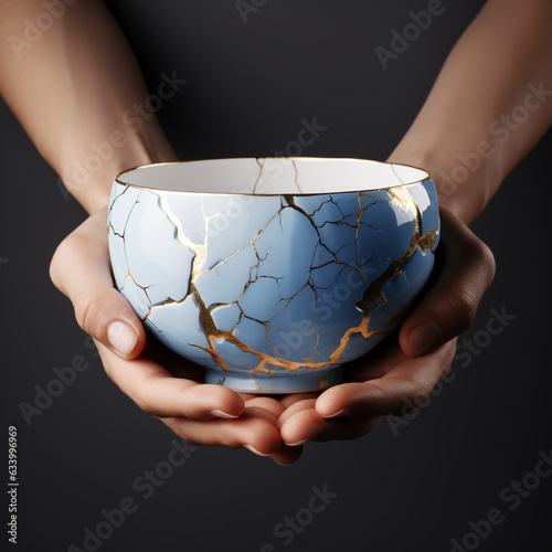 one hand holds a blue and white cracked porcelain bowl `With generate Ai