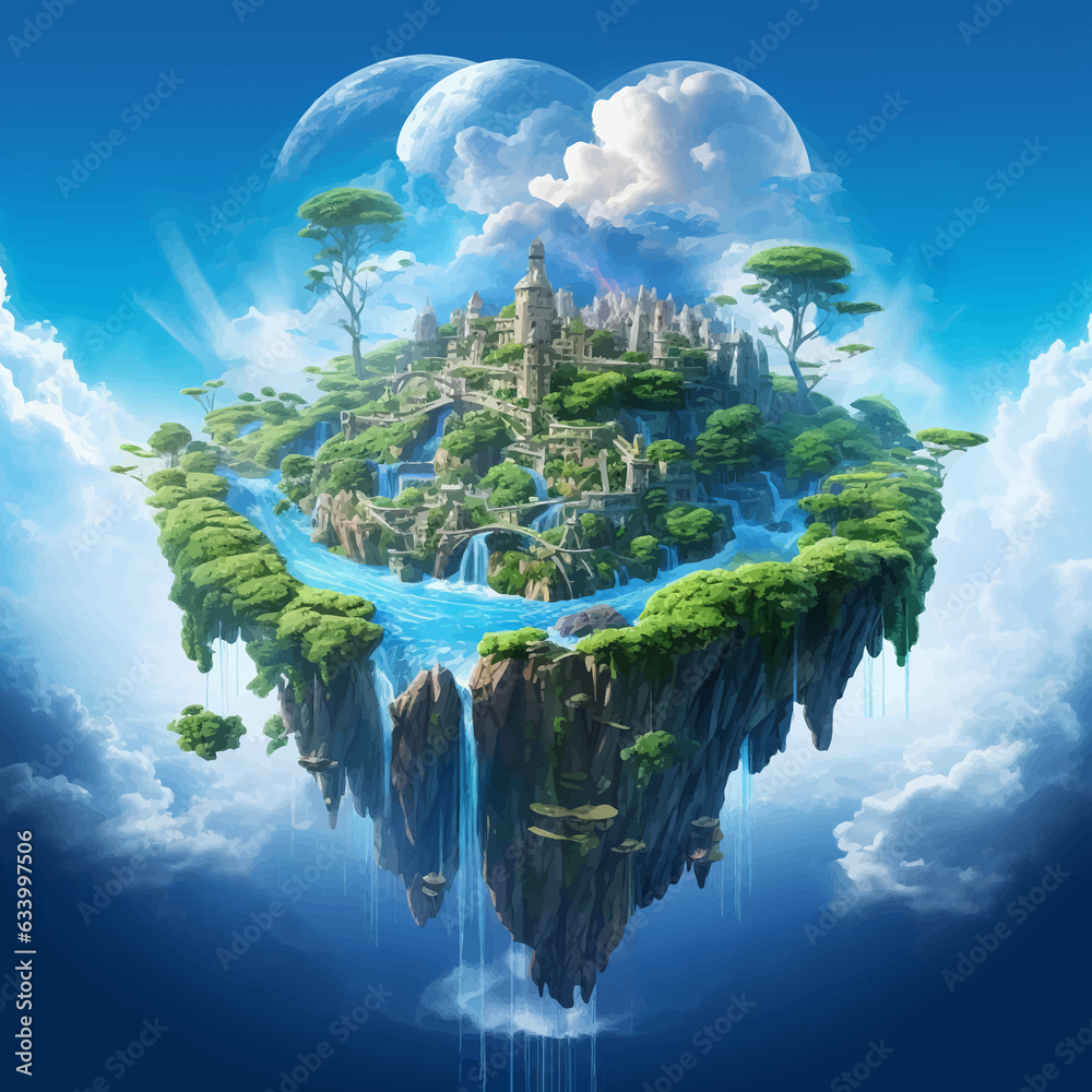 Fantasy island floating in the blue sky. City in the clouds. Temple on ...