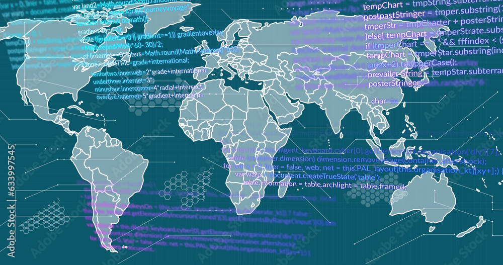 Fototapeta premium Image of world map and data processing against blue background