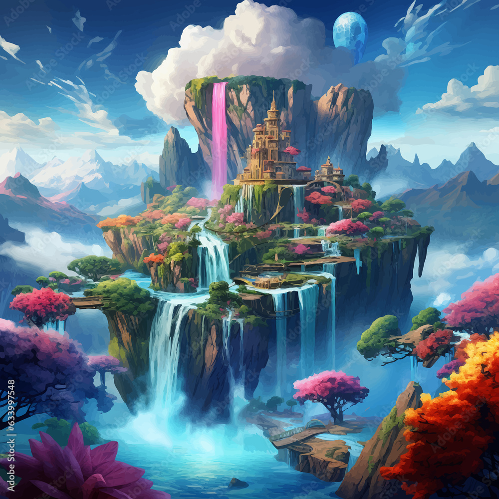 Fantasy island floating in the blue sky. City in the clouds. Temple on ...