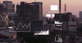 Image of financial data processing over cityscape