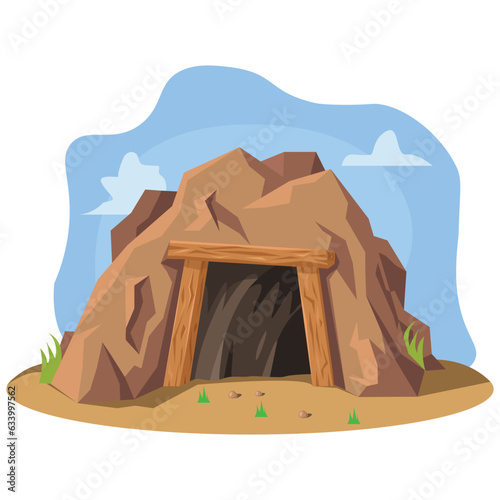 Cartoon mine entrance. Retro tunnel. Old mine in desert. Flat vector illustration isolated on white background.