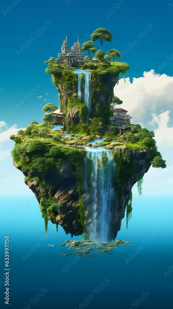 Fantasy island floating in the blue sky. City in the clouds. Temple on ...