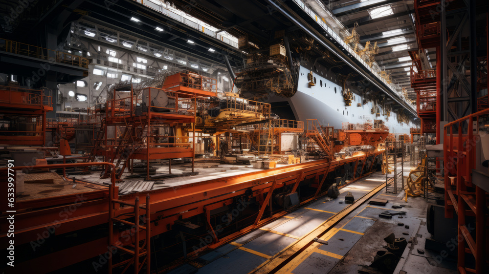 photograph of Assembly shop, shipyard for the assembly of cruise liners. photograph of Assembly shop, shipyard for the assembly of cruise liners.