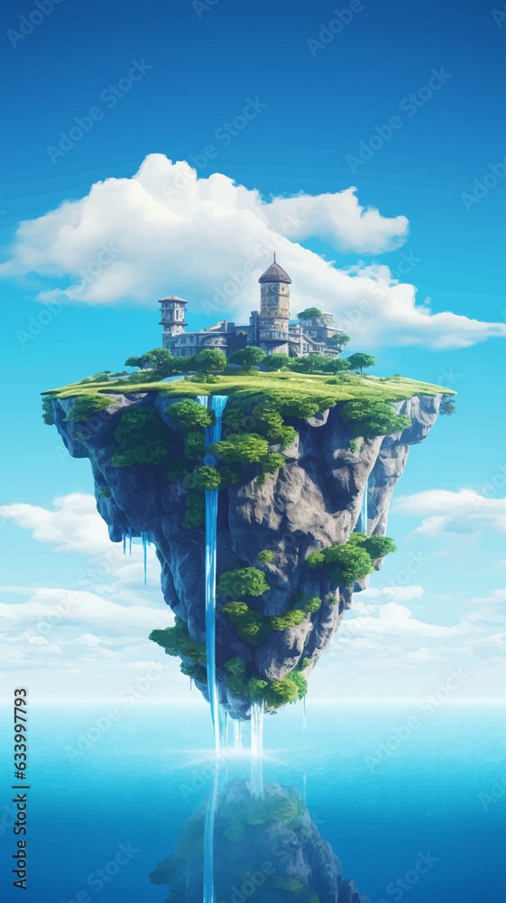 Fantasy island floating in the blue sky. City in the clouds. Temple on ...