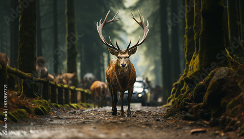 High quality stock photography of a Deer front a car on the road,generative ai