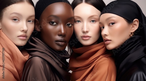 Beauty portrait of diverse women with different skintone. Multinational young female with attractive appearance and different flawless skintone. Peach Taffy palette. AI photography. photo