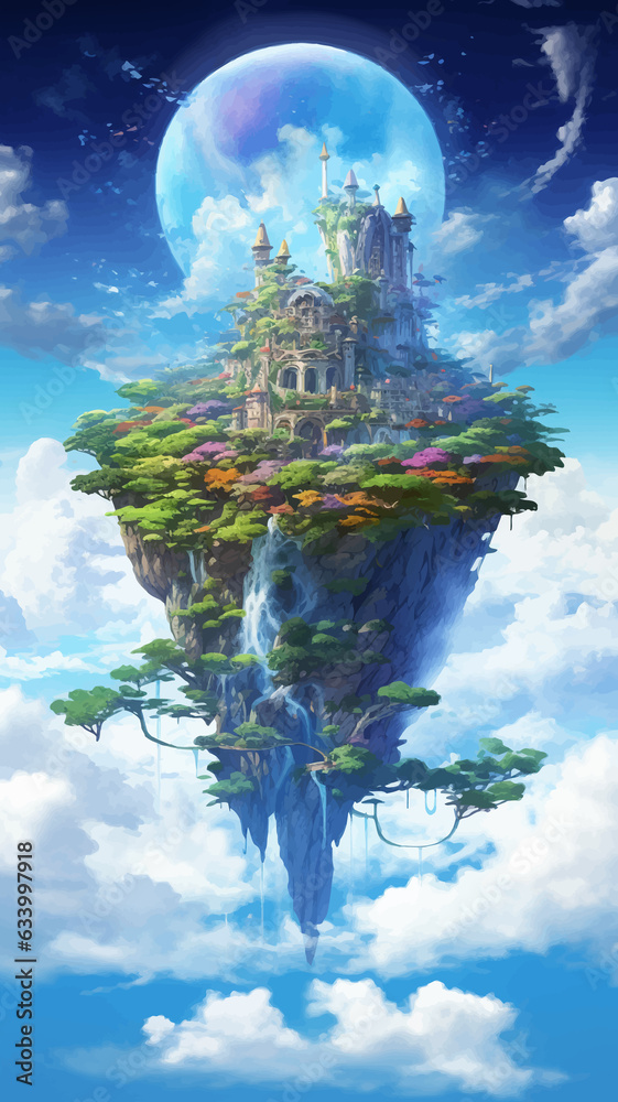 Fantasy island floating in the blue sky. City in the clouds. Temple on ...