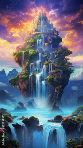 Fantasy island floating in the blue sky. City in the clouds. Temple on top of mountain. Beautiful Waterfalls in the mountains. Tropical rainforest. Big tree. Castle in the sky. Fairy kingdom. Vector © Zakhariya