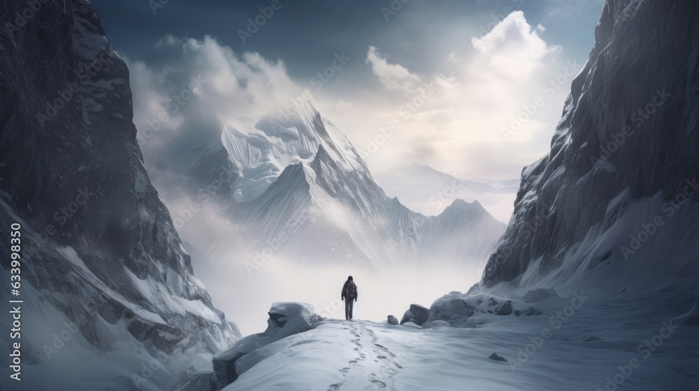 Mountaineer standing on top of snowy mountain range.  - obrazy, fototapety, plakaty 