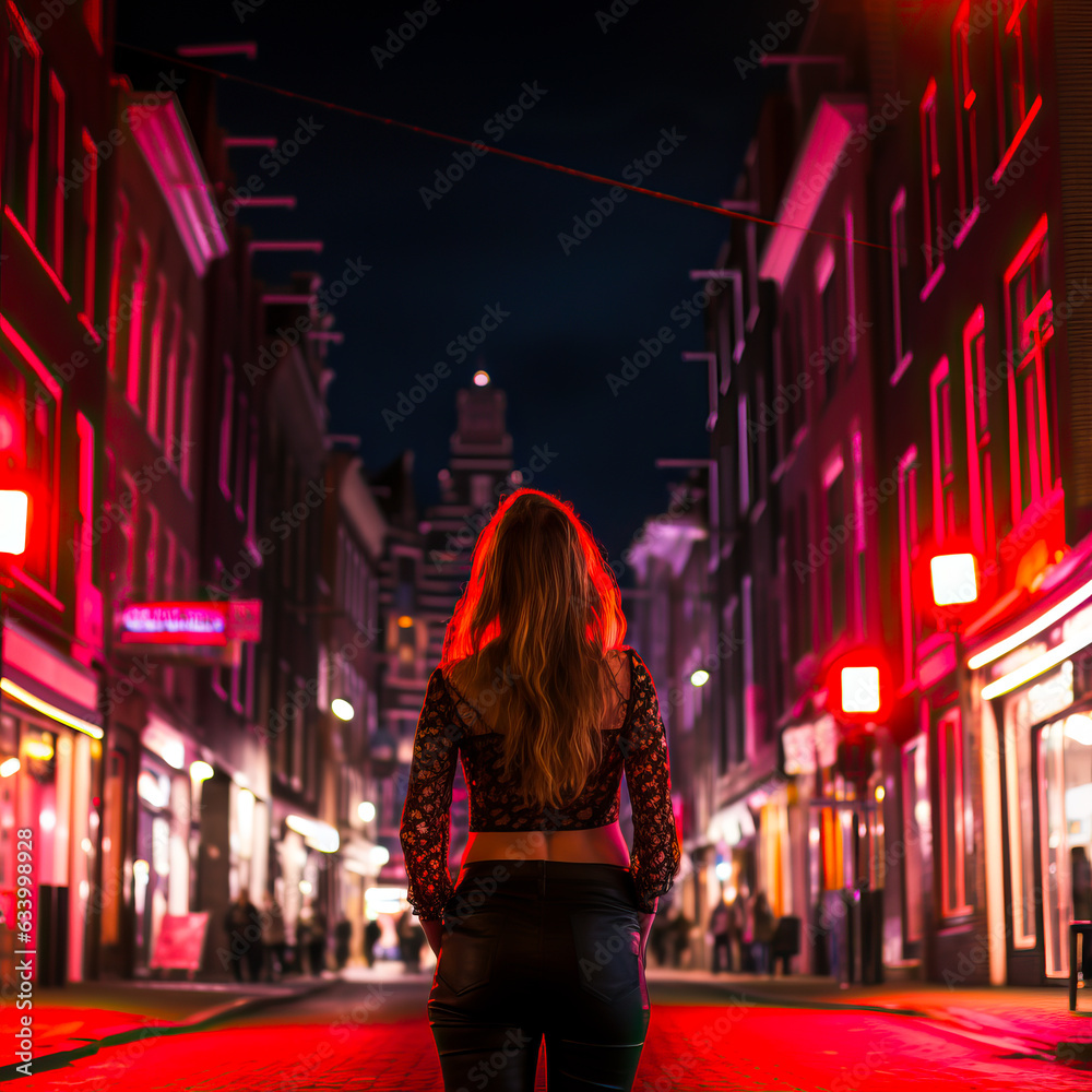 Woman standing in a red light district wearing a short skirt and high heels on a cobblestone street. Concept of prostitution and human trafficking. Woman standing in a red light district wearing a short skirt and high heels on a cobblestone street. Concept of prostitution and human trafficking.